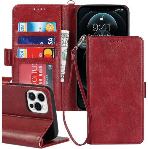 Image 1 of 5.. iCoverCase for iPhone 12/12 Pro Wallet Case with Wrist Strap - Red