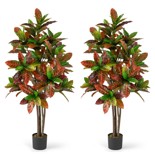 GYMAX  2PCs 5 Ft Artificial Croton Plant W/ Multi-Colored Peva Leaves Solid Wood Trunk