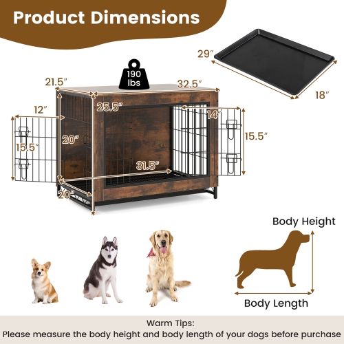 Gymax Industrial Dog Crate Furniture Heavy-duty Kennel Cage w/ 3 Chew-proof Walls Large