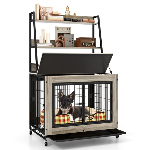 Gymax Dog Crate Furniture w/ Storage Shelves Industrial Dog Kennel w/ Flip-up Top