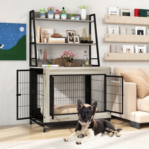 Gymax Dog Crate Furniture w/ Storage Shelves Industrial Dog Kennel w/ Flip-up Top