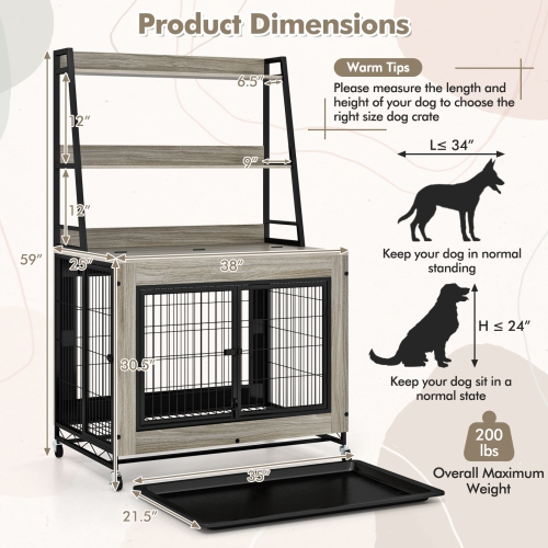 Gymax Dog Crate Furniture w/ Storage Shelves Industrial Dog Kennel w/ Flip-up Top