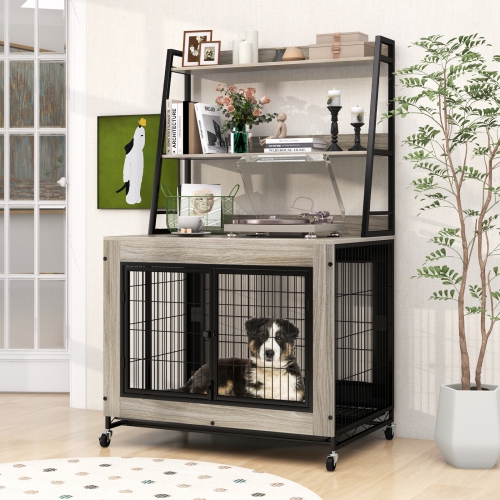 Gymax Dog Crate Furniture w/ Storage Shelves Industrial Dog Kennel w/ Flip-up Top