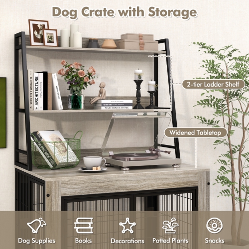 Gymax Dog Crate Furniture w/ Storage Shelves Industrial Dog Kennel w/ Flip-up Top
