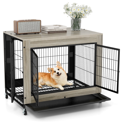 Gymax Dog Crate Furniture Industrial Dog Kennel w/ Flip-up Top Decorative Pet House