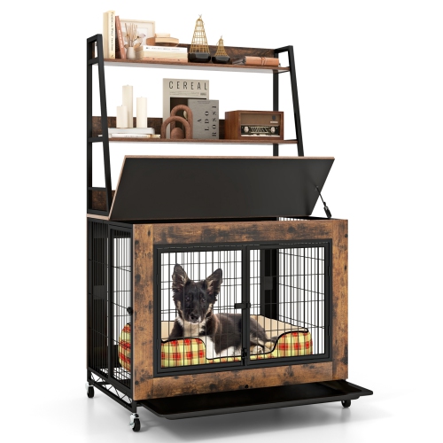 GYMAX  Dog Crate Furniture W/ Storage Shelves Industrial Dog Kennel W/ Flip-Up Top