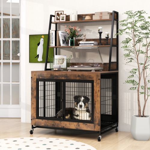 Gymax Dog Crate Furniture w/ Storage Shelves Industrial Dog Kennel w/ Flip-up Top