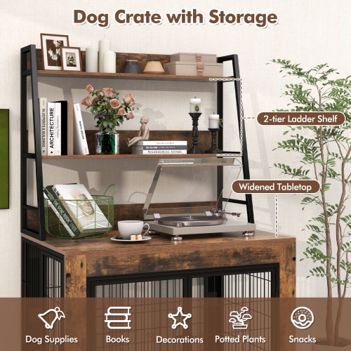 Gymax Dog Crate Furniture w/ Storage Shelves Industrial Dog Kennel w/ Flip-up Top