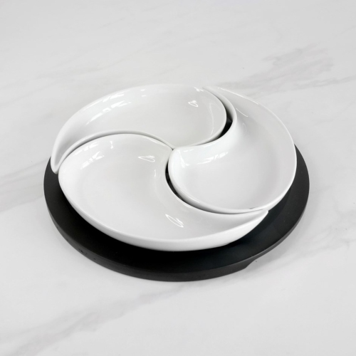 ELBY GIFT  3 Tear Drop Ceramic Plate With Wood Tray 9X9X2"