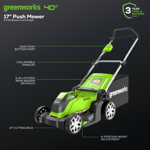 Greenworks 40V 17" Cordless Push Lawn Mower, 4.0 AH Battery and Charger Included [75+ Compatible Tools]