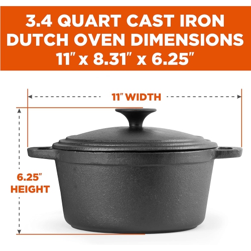 Commercial Chef 3.4 Quart Cast Iron Dutch Oven with Dome Lid and Handles