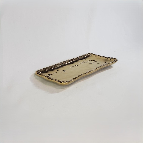 ELEGANCE  Ceramic Plate With Rope Accent Rim 10.25" In Gold