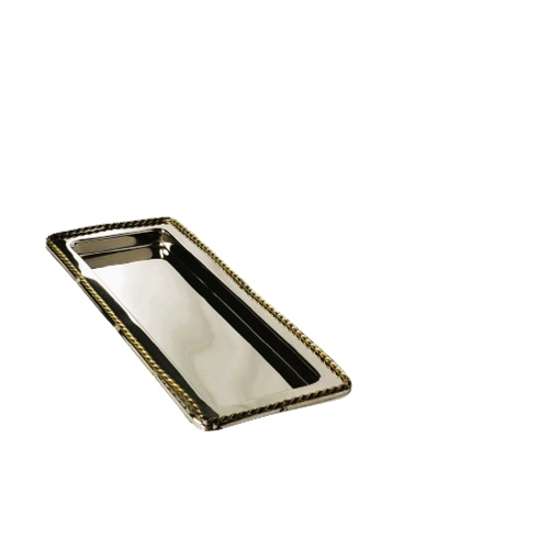 Stainless Steel Silver Vanity tray 14 x 5.75", gold plated w/twisted border