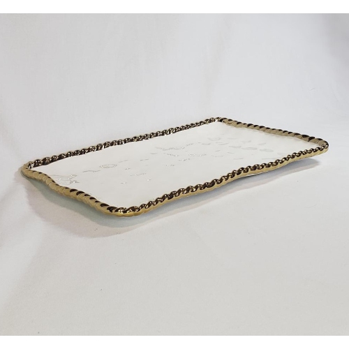 Simplicity Collection Ceramic Serving Tray with Gold Accent Rope Rim