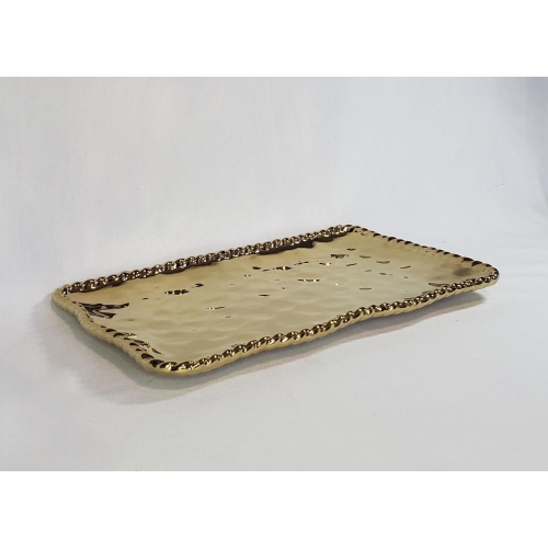 Gold Ceramic Serving Tray with Rope Accent Rim 14.25"