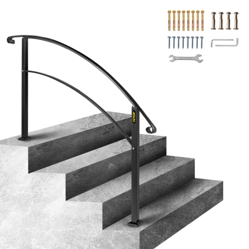 VEVOR  4-Step Handrail Fits 1 Or 4 Steps Matte Stair Rail Wrought Iron Handrail With Installation Kit Hand Rails for Outdoor Steps In Black