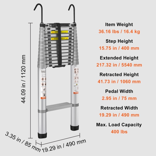 VEVOR 18.5 FT Telescoping Ladder, Aluminum One-button Retraction Collapsible Extension Ladder, 400 LBS Capacity with Non-slip Feet, Portable