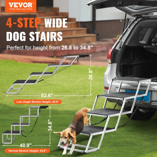 VEVOR Dog Stair for Cars, Wide 4-step Dog Car Steps, Folding Dog Car Ramp with Nonslip Surface, Portable Pet Steps Lightweight Aluminum for Car and