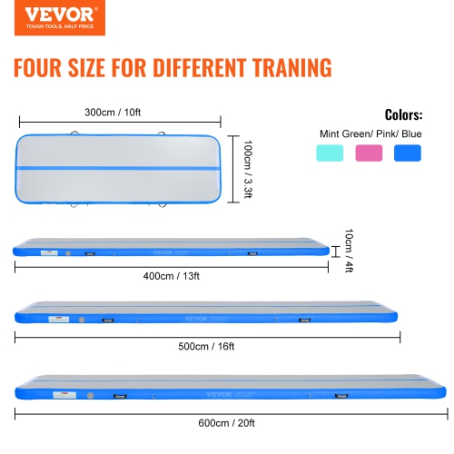 VEVOR 4 inch Gymnastics Air Mat, Thickness Inflatable Gymnastics Tumbling Mat, Tumble Track with Electric Pump, Training Mats for Home