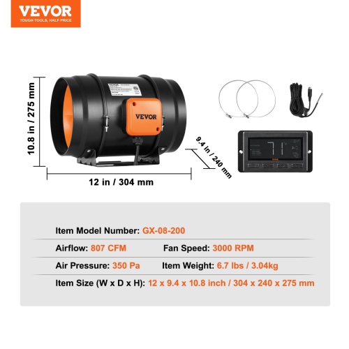 VEVOR Inline Duct Fan, 8-Inch 807 CFM with Temperature Humidity Controller, Quiet EC-motor Ventilation Exhaust Fan for Cooling Booster, Grow Tents,