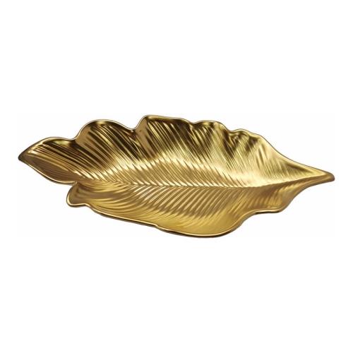 Image 1 of 4.. Jiallo Botanic Collection 16.25" Titanium Porcelain Deep Leaf Plate in Gold