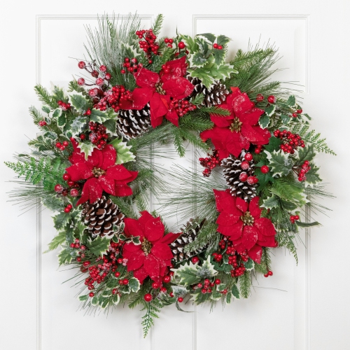 NORTHLIGHT  Poinsettia And Pinecone Mixed Pine Artificial Christmas Wreath - 30" - Unlit