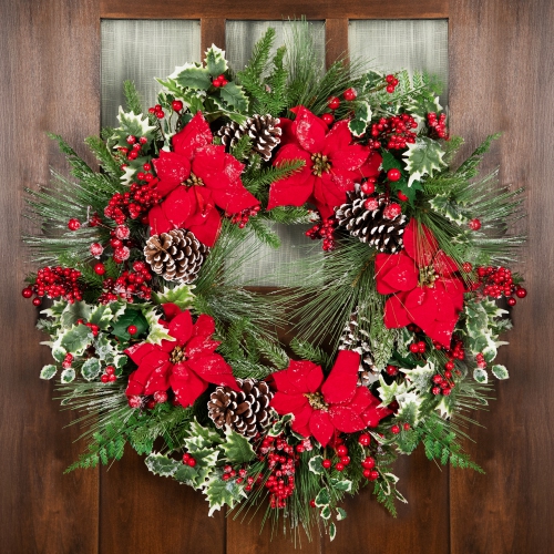 Poinsettia and Pinecone Mixed Pine Artificial Christmas Wreath - 30" - Unlit