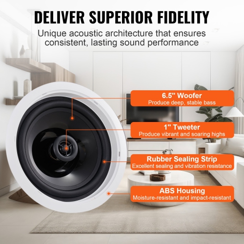 VEVOR 2 PCs 6.5'' Bluetooth in Ceiling Speakers, 150W, Flush Mount Ceiling & in-Wall Speaker System with 8ΩImpedance 89dB Sensitivity, for Home