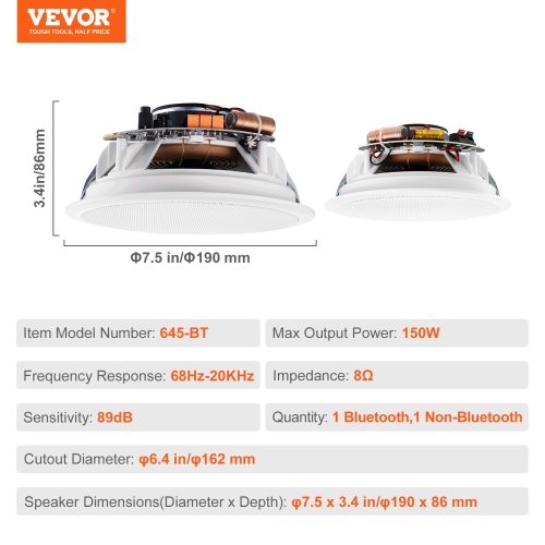 VEVOR 2 PCs 6.5'' Bluetooth in Ceiling Speakers, 150W, Flush Mount Ceiling & in-Wall Speaker System with 8ΩImpedance 89dB Sensitivity, for Home
