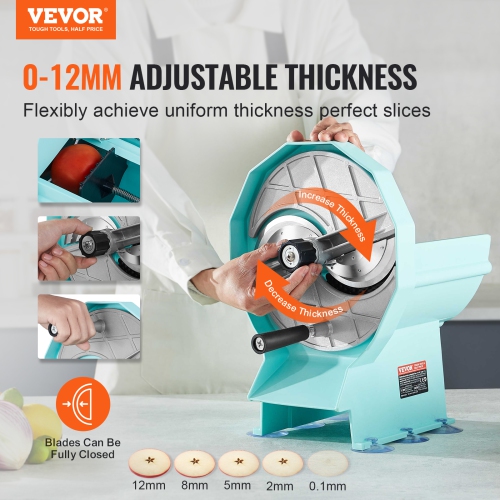 VEVOR Manual Vegetable Fruit Slicer, 0-0.5"/0-12mm Thickness Adjustable Commercial Slicer Machine, Double Feed Ports, Stainless Steel Blade Food