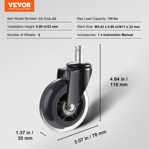 VEVOR Office Chair Wheels, Set of 5, 3 inch Caster Wheels Replacement for Hardwood Floors and Carpet, Heavy Duty Computer Gaming Desk Casters with