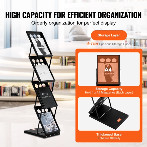 VEVOR Foldable Magazine Display Rack, 4-Tier Brochure Literature Display Stand, Portable Catalog Brochure Holder Stand with Carrying Bag for Office