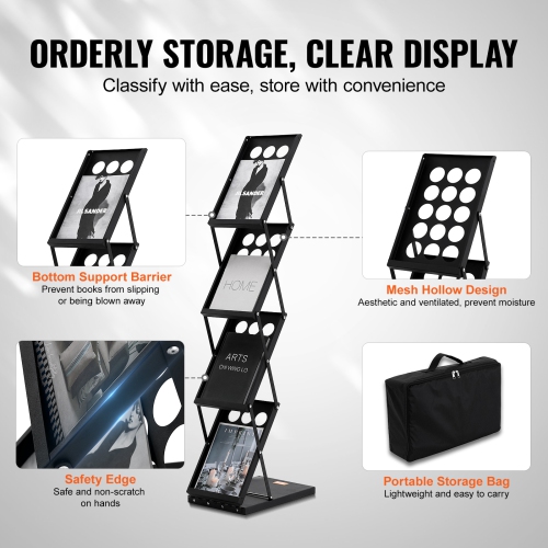 VEVOR Foldable Magazine Display Rack, 4-Tier Brochure Literature Display Stand, Portable Catalog Brochure Holder Stand with Carrying Bag for Office