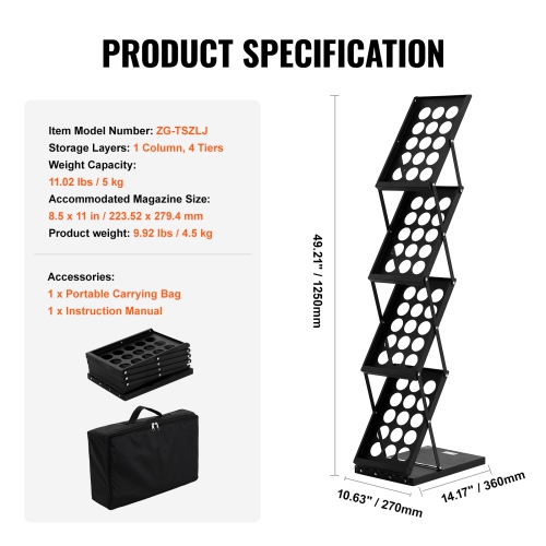 VEVOR Foldable Magazine Display Rack, 4-Tier Brochure Literature Display Stand, Portable Catalog Brochure Holder Stand with Carrying Bag for Office