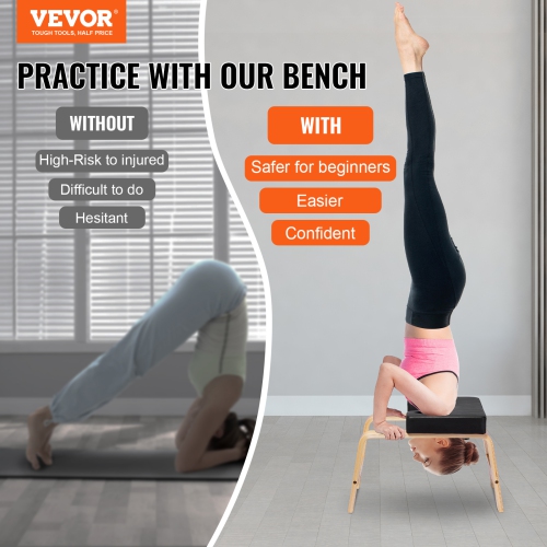 VEVOR 300 lbs Yoga Headstand Bench, Yoga Inversion Chair for Family Gym, Headstand Trainer with Wood Frame & PU Pad, Stand Yoga Stool for Strength