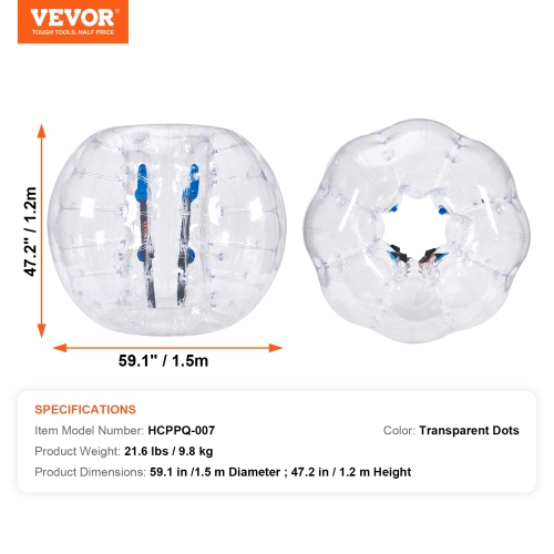 VEVOR 1-Pack Inflatable Bumper Ball, 5FT/1.5M Body Sumo Zorb Balls for Teen & Adult, 0.8mm PVC Human Hamster Bubble Balls for Team Play, Bumper