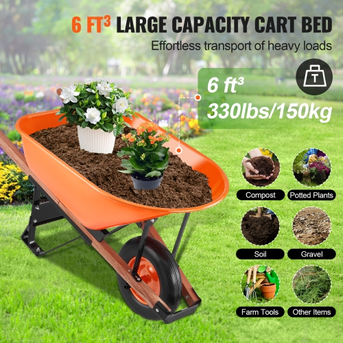 VEVOR 6 Cu. Ft. Wheelbarrow Cart, Load & 330 lbs Capacity, One Wheel Garden Dump Cart Wheel Barrow with Metal Handle & 16" Wide Track