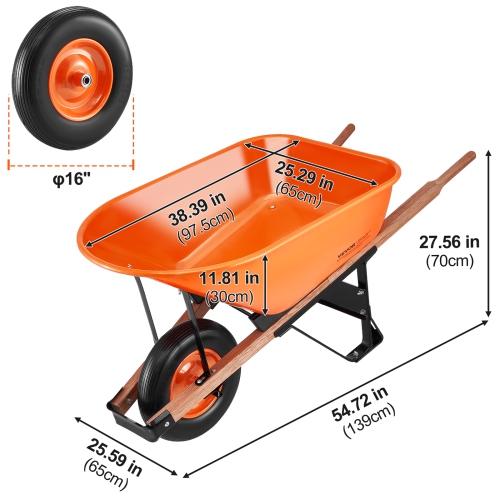 VEVOR 6 Cu. Ft. Wheelbarrow Cart, Load & 330 lbs Capacity, One Wheel Garden Dump Cart Wheel Barrow with Metal Handle & 16" Wide Track