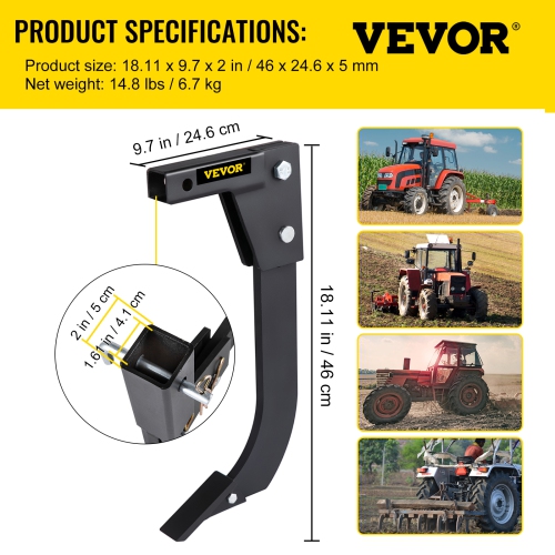 VEVOR 18" Hitch Mounted Ripper, Shank Length Box Scraper Shank, 4 Hole Site Box Blade for Tractor, 2 Locating Pins Ripper Shank, 2 Plough Tips Box