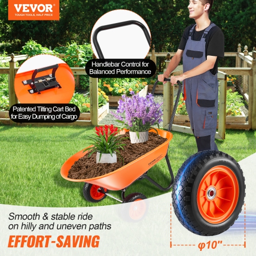 VEVOR 5 Cu. Ft. Load & 397 lbs Capacity Wheelbarrow Cart, 2 Wheels Garden Dump Cart, Garden Wagon with Handle & 10" Wide Track Wheels, Easy Loading