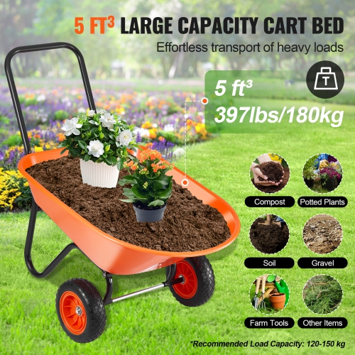 VEVOR 5 Cu. Ft. Load & 397 lbs Capacity Wheelbarrow Cart, 2 Wheels Garden Dump Cart, Garden Wagon with Handle & 10" Wide Track Wheels, Easy Loading
