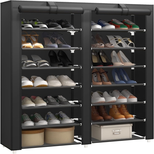 Image 1 of 7.. JIUYOTREE 7-Tier Double Row Shoe Rack Organizer with Cover – Large Capacity Closet Shelf, Black