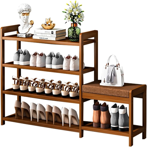 Image 1 de 8.. Banc de rangement pour chaussures en bambou à 4 niveaux avec coussin de DZOMK – Naturel
