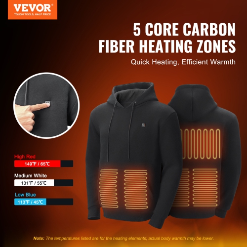 Haut à capuchon chauffant VEVOR 7,4&nbsp;V, sweat-shirt chauffant unisexe avec bloc-piles, veste électrique avec 5 zones chauffantes, pull chauffant