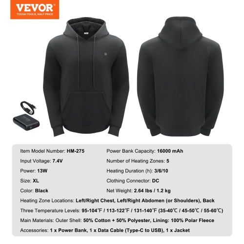 Haut à capuchon chauffant VEVOR 7,4&nbsp;V, sweat-shirt chauffant unisexe avec bloc-piles, veste électrique avec 5 zones chauffantes, pull chauffant