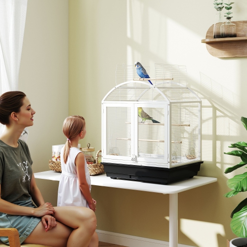 PawHut 30 Inch Open Top Bird Cage, Steel Parrot Cage with Removable Tray, Food Container for Medium Small Bird, Finches, Cockatiel, Parakeets, Dark