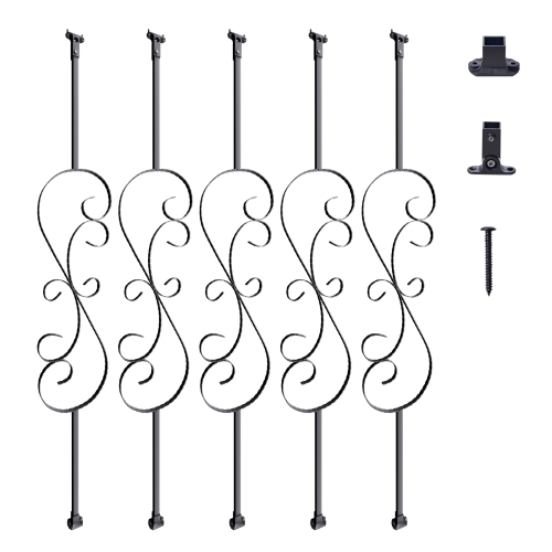 VEVOR 44'' x 1/2" Staircase Metal Balusters,Galvanized Steel Decorative Banister Spindles, 5 Pack S Shape Deck Baluster, Hollow Satin Black Spiral