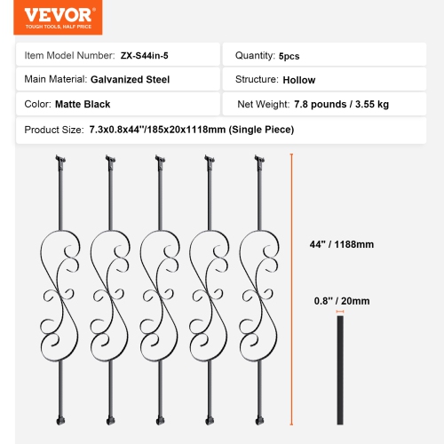 VEVOR 44'' x 1/2" Staircase Metal Balusters,Galvanized Steel Decorative Banister Spindles, 5 Pack S Shape Deck Baluster, Hollow Satin Black Spiral