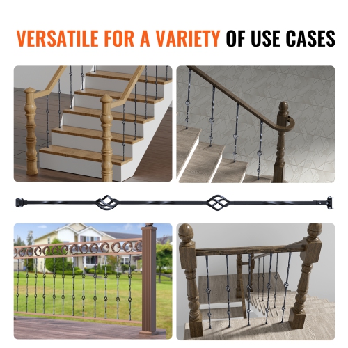 VEVOR 44'' x 1/2" Staircase Metal Balusters, Galvanized Steel Decorative Banister Spindles, 10 Pack Deck Baluster with Hollow Double Baskets, Spiral