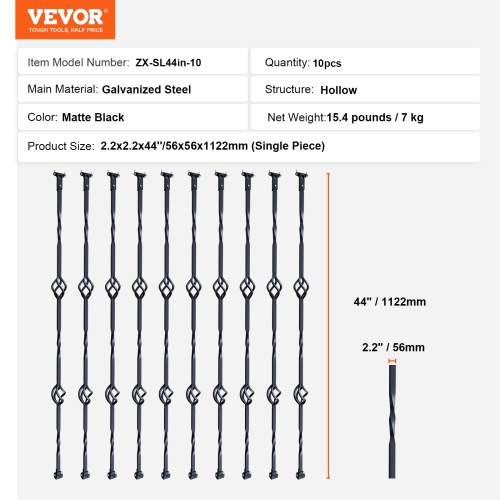 VEVOR 44'' x 1/2" Staircase Metal Balusters, Galvanized Steel Decorative Banister Spindles, 10 Pack Deck Baluster with Hollow Double Baskets, Spiral